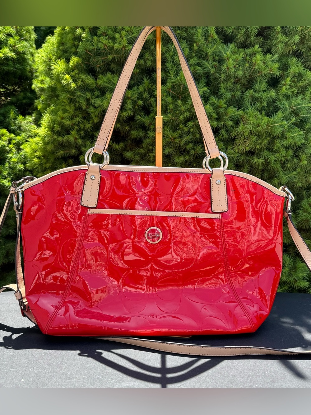Coach Peyton Red Patent Leather Tote with Beige Trim